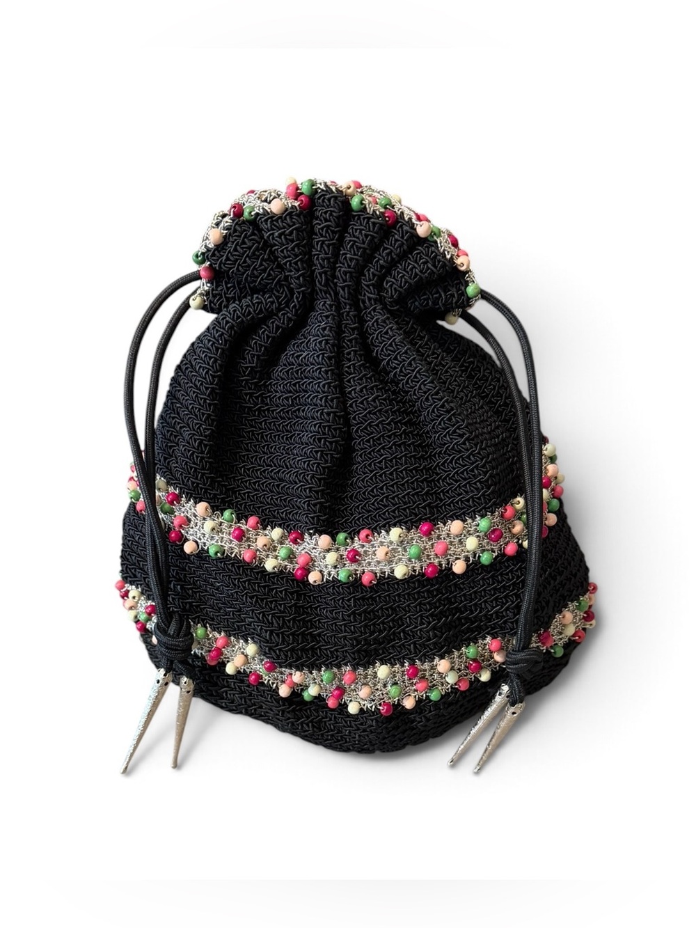 Black Beaded Crochet Drawstring Bag